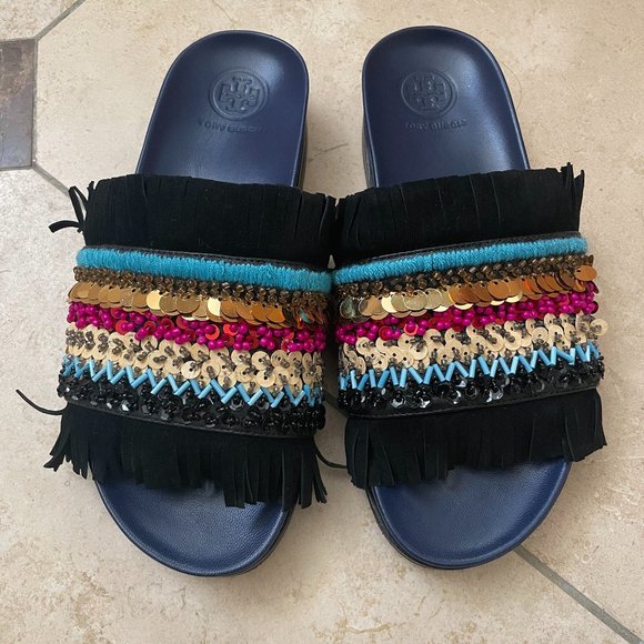 Tory Burch Shoes - TORY BURCH Embellished Leather Slides Size 5